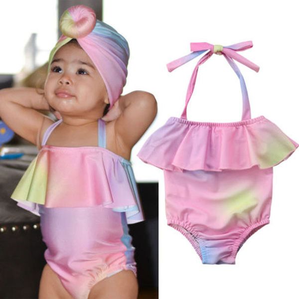 

baby girls sling swimsuit newborn baby ruffle swimwear kids casual clothes infant summer baby rainbow gradient backless swimsuit 06, Black