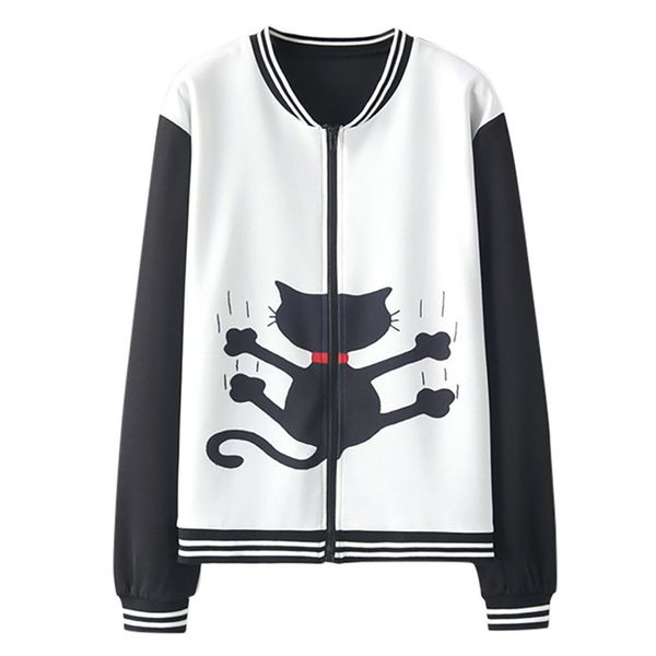 

baseball women coat woman fashion casual loose o-neck cat print short pullover 2019 new women's basic jacket vintage autumn coat, Black;brown