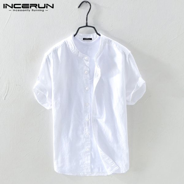 

men's casual shirts men shirt cotton stand collar short sleeve streetwear harajuku solid blouse breathable brand camisa incerun, White;black