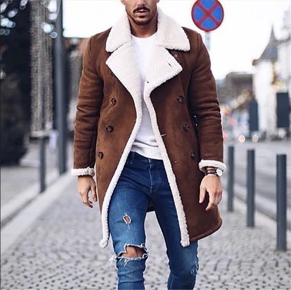 

winter mens designer jacket fashion thick warm fleece faux leather coats brand new double breasted mens coat, Black