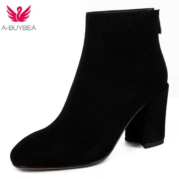 

women ankle boots shoes chunky high heels frosted suede flock 2018 new booties female ladies round toe autumn footwear boot shoe, Black