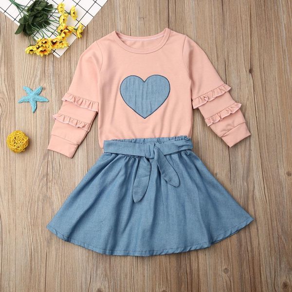 

pudcoco toddler baby girl clothes solid color peach heart ruffle long sleeve mini skirt 2pcs outfits cotton clothes set, White