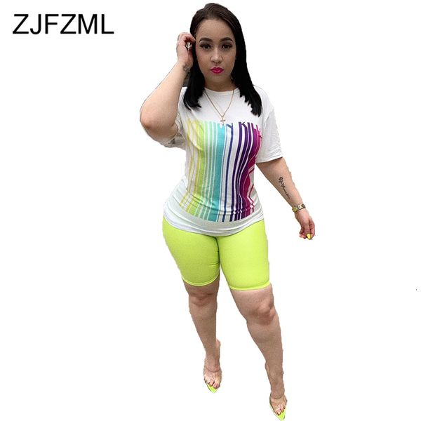 

plus size two piece sweatsuits women festival clothing striped print short sleeve t shirt+biker shorts casual matching sets y190923, Black;white