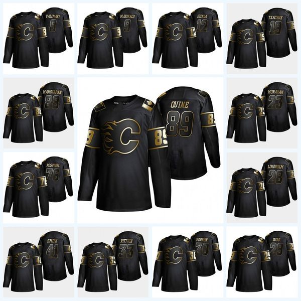 

2019 golden edition calgary flames 33 david rittich 88 andrew mangiapane 30 mike vernon 8 juuso valimaki custom stitched hockey jerseys, Black