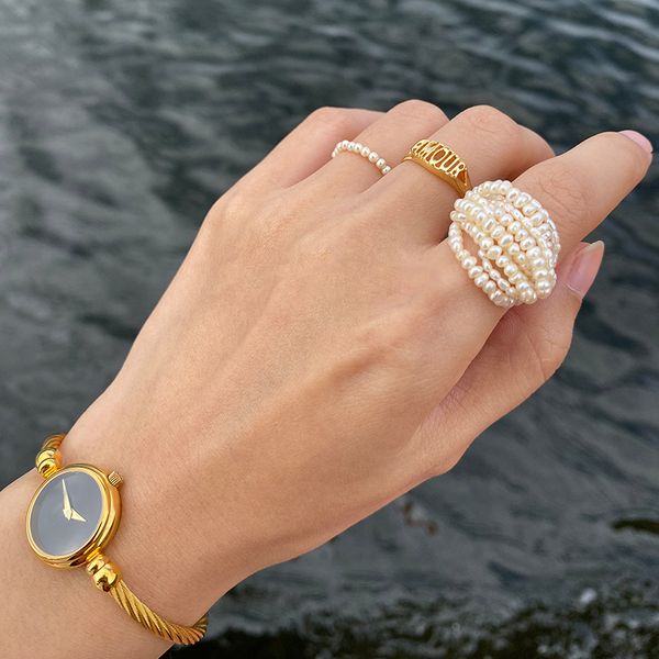 

mengjiqiao new korean elegant handmade multilayer simulated pearl rings for women students hands jewelry party ring gift, Golden;silver
