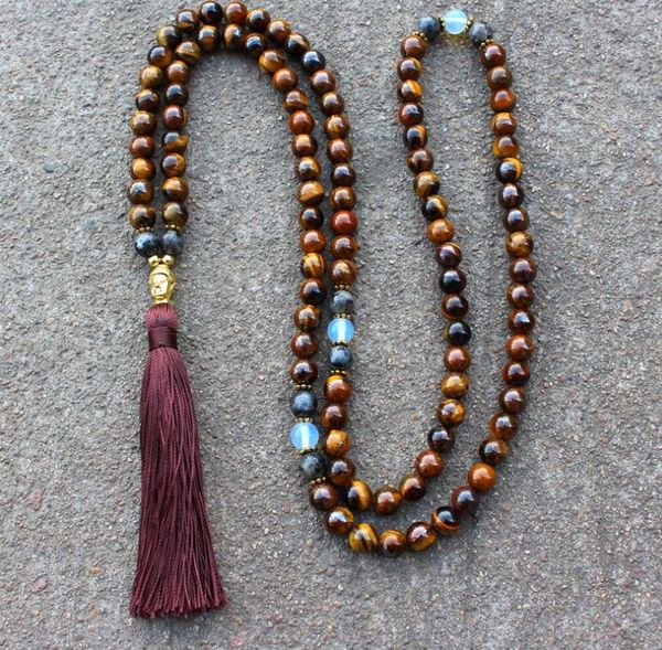 

stone beads tiger eye with tassel mala necklace hand buddha prayer beads meditation necklace japa mala necklaces, Silver