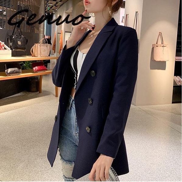 

genuo casual double breasted women blazer jacket notched collar female jackets fashion suits outwear 2019 spring autumn coat, White;black