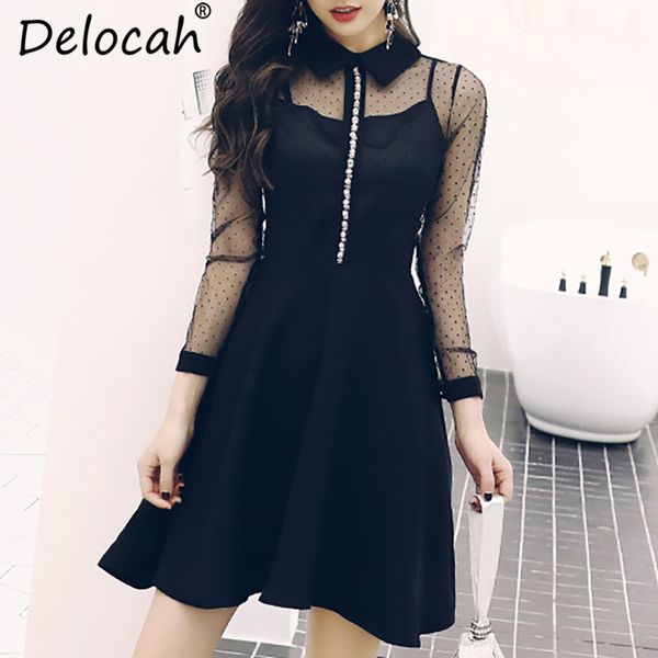 

delocah women spring summer dress runway fashion designer long sleeve gorgeous beading black printed mesh office slim dresses, Black;gray