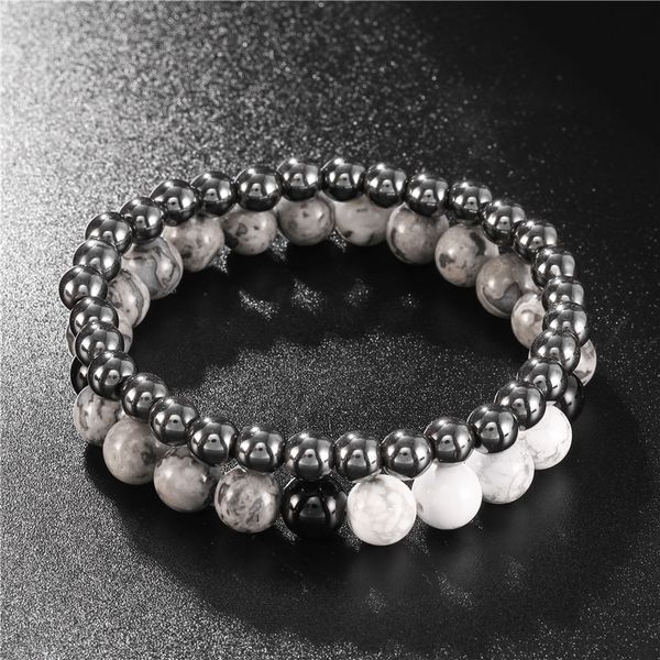 

2 pcs charm yoga beaded bracelet pulsera hombre for men women classic gray map hematite stone bracelet gifts friends, Black