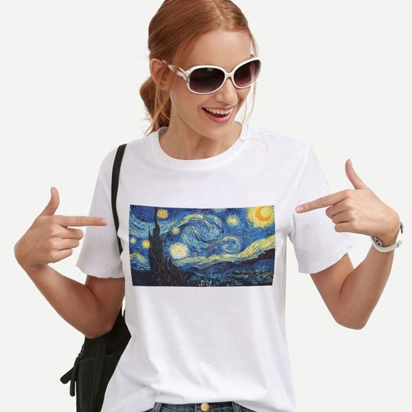 

starry painting gogh ulzzang clothes female night t-shirt aesthetic harajuku the style streetwear korean t-shirt cpajb, Black
