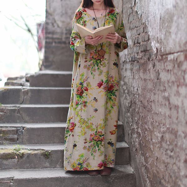 

fashion vintage women maxi floral dress long sleeve pockets o neck plus size cotton linen dress loose robe red/yellow/grey, Black;gray