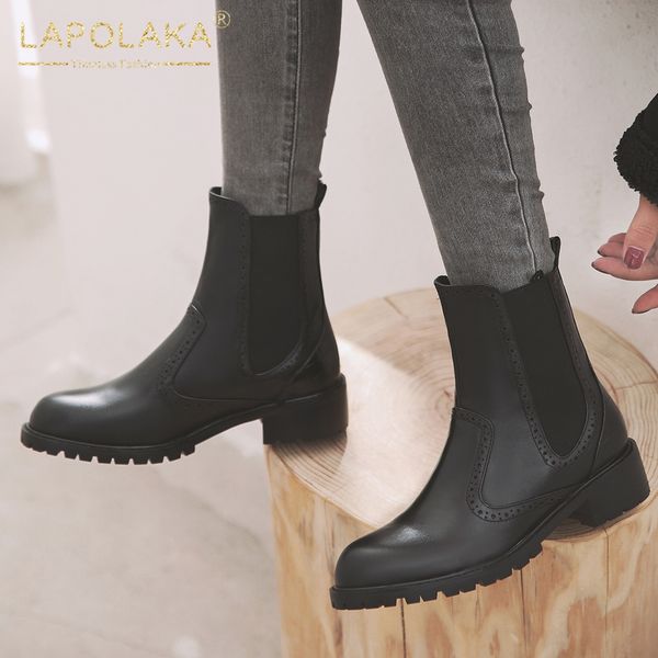 

lapolaka new fashion 2020 genuine cow leather chunky heels ankle boots woman shoes women concise shoes woman boots female, Black