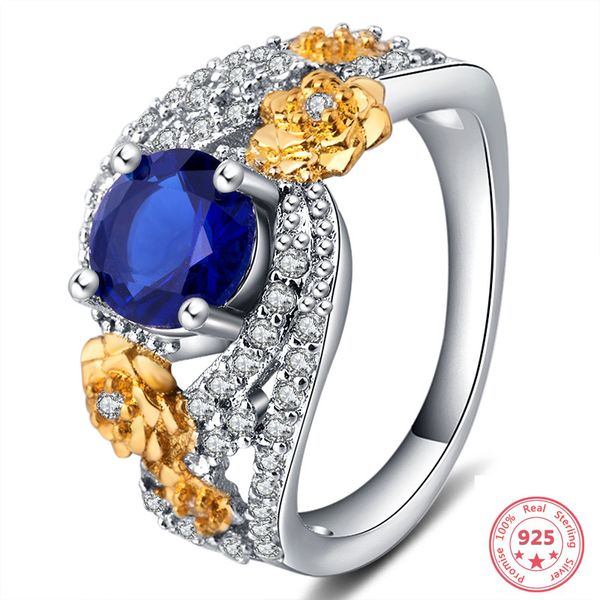 

stamp 925 sliver sapphire ring for women blue z sterling sliver luxury gemstone anillos bizuteria diamond jewelry ring box, Golden;silver