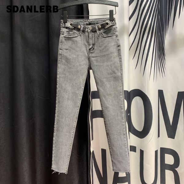 

european goods high-waist jeans woman button jeans women's 2020 spring new korean version pencil pants smoke gray jean mujer, Blue