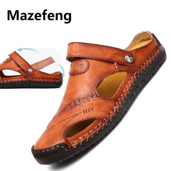 

new genuine leather men sandals shoes summer leisure beach men's sandals slippers bohemia big size 38-48, Black