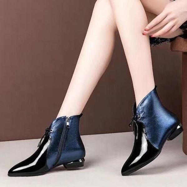 

women leather boots winter boots female womens fashion side zipper pointed-toe low-heeled casual ladies shoes ankle boot#g3, Black