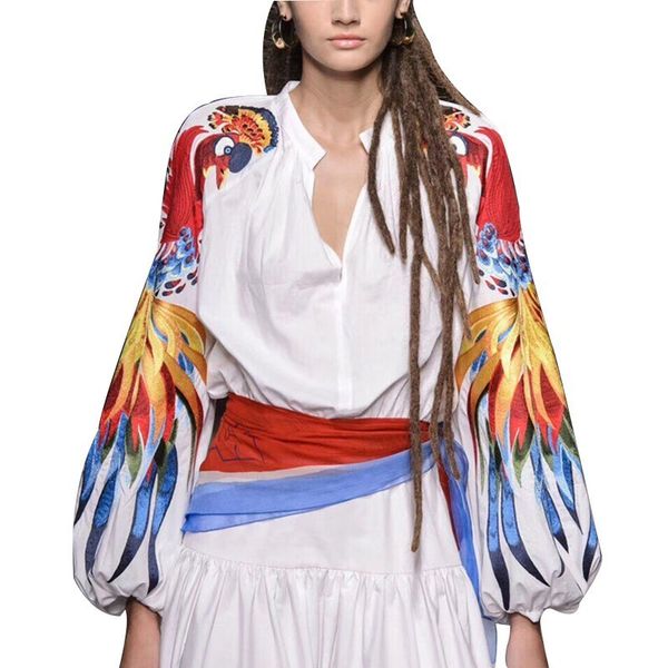 

casual embroidery patchwork women shirt o neck lantern sleeve big size blouse female spring fashion new tide, White