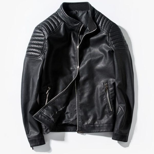 

leather jacket men casual slim fit motorcycle jackets men's fashion streetwear stand collar pu leather coat chaqueta moto hombre, Black