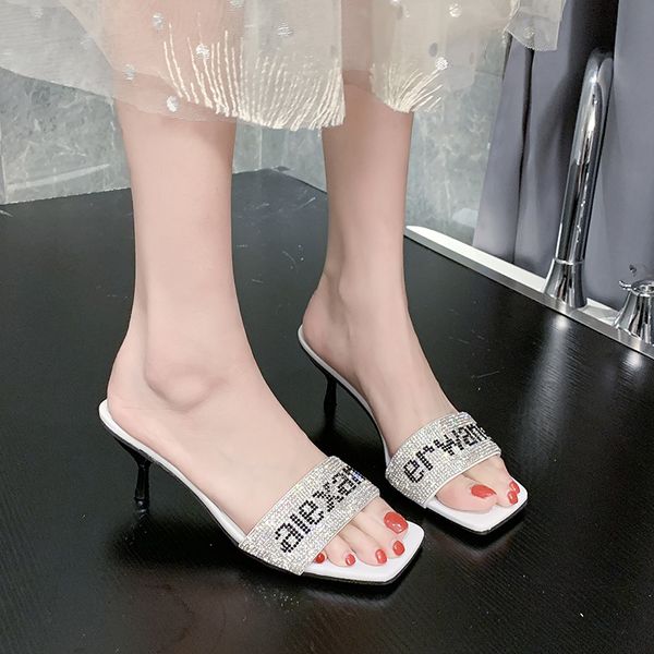 

shiny rhinestone square toe thin heels slippers women summer shoes high heel sandals women open toe slides party shoes 2020, Black