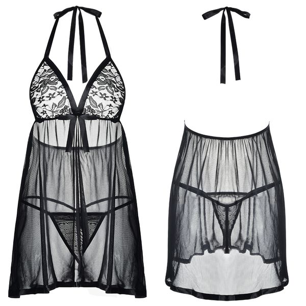 

plus size women lingerie set lace babydoll chemise underwear dress panties set transparent halter erotic costumes d30, Red;black
