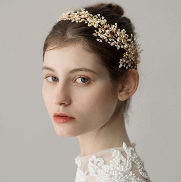 

handmade headpiece headwear pearl rhinestones hairbands headbands flower tiaras brides bridal hair jewelry wedding accessories, Golden;white