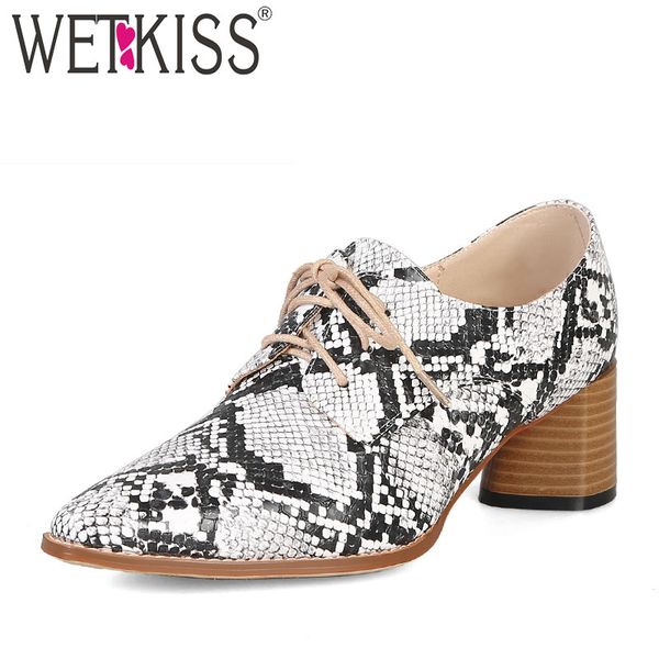 

wetkiss plus size 44 wood high heels pumps women pointed toe lace up footwear snake shoes female shoes woman 2019 spring new, Black