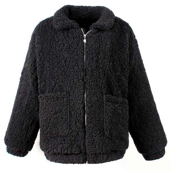 

women lambswool jacket female winter warm zipper short coat with 2 pocket casual basic outerwear camel hairy overcoat plus size, Black;brown