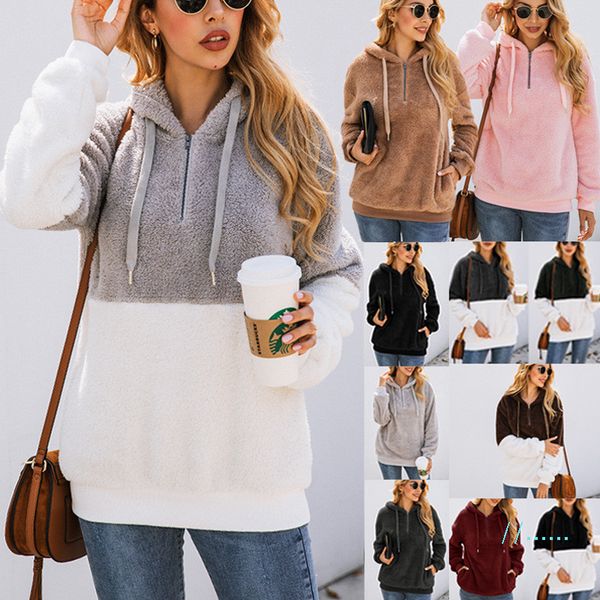 

2019 women sherpa patchwork pullovers long sleeve zipper sweatshirts soft fleece outwear sweaters with pockets hoodie coat c92608, White