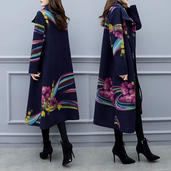 

2019 womens large size 5xl loose wool outerwear female autumn winter fieece coats new korean version flower color wool overcoat, Black