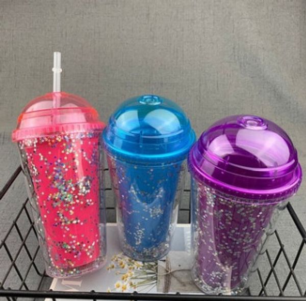 

transparent color double straw plastic cup fashion personality star flash pink trend water cup