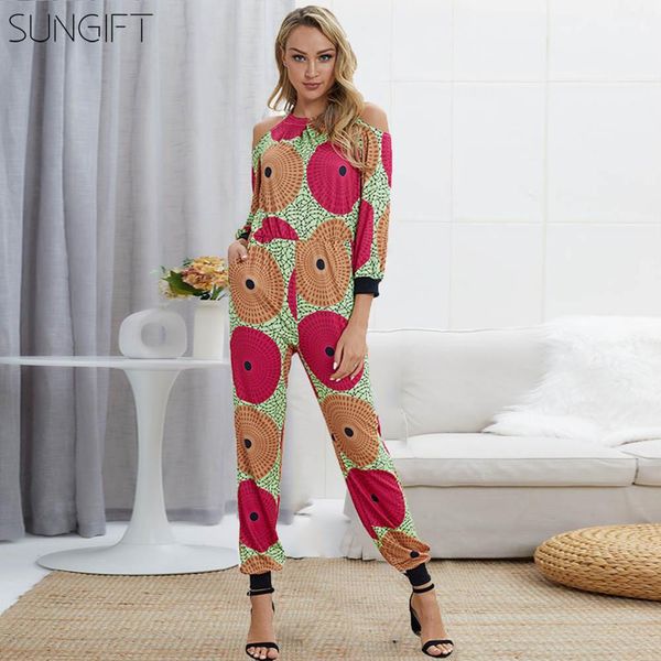 

sungift women's african clothing dashiki casual strapless halter high waist jumpsuit hollow back long sleeve wide-tube pants, Red