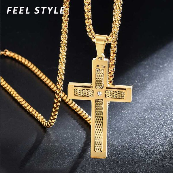 

stainless steel rhinestone cross crucifix pendant with 24inch link chain necklace for male's religious jewelry, Silver