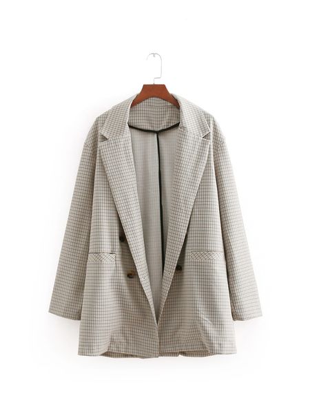 

tjjnz2754-eight-18 years women's dress double breasted plaid suit jacket, Black;white