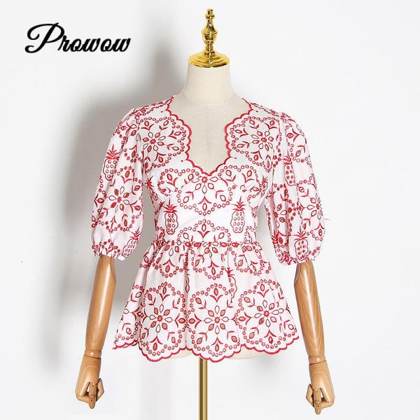 

runway luxury vintage women summer shirt 2020 wavy v-neck lantern half sleeve embroidery hollow slim blouse clothes, White