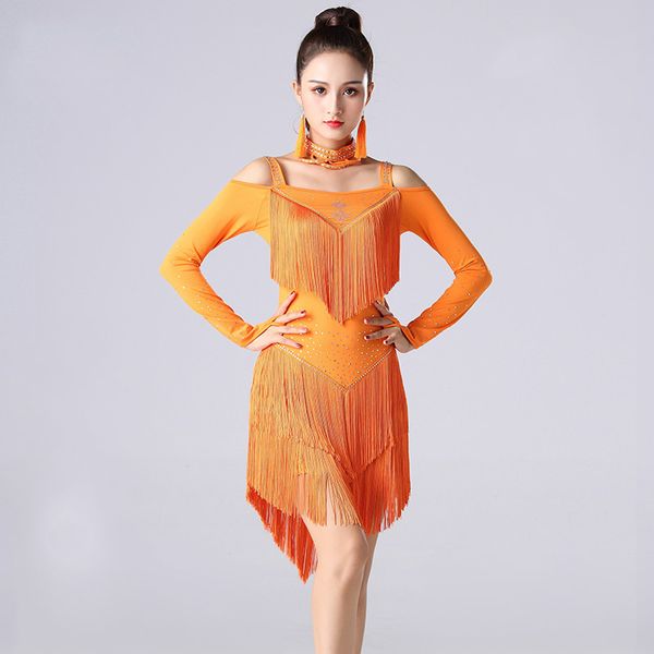 

female latin dance costumes fringe long sleeve dress latin dance professional competition dress performance clothes, Black;red