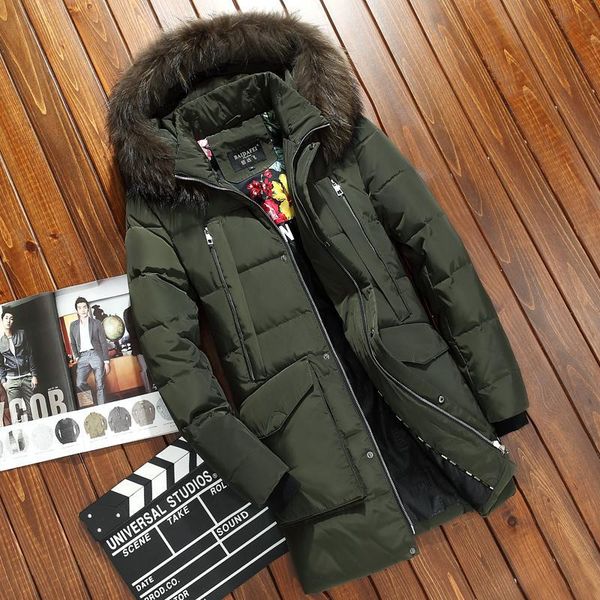 

duck down parkas long coat winter jacket real raccoon fur hood snow overcoat warm thicken outwear outdoor clothes, Black