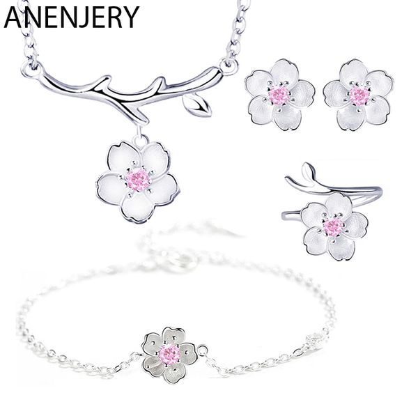 

anenjery 925 sterling silver jewelry sets romantic cherry blossoms flower necklace+earrings+ring+bracelet for women