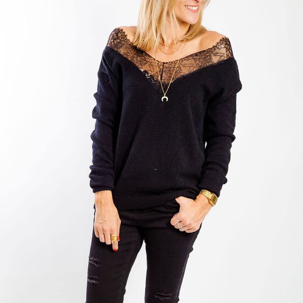 

women sweater pull femme 2019 autumn spring lace patchwork pullover knitwear long sleeve casual hollow perspective, White;black