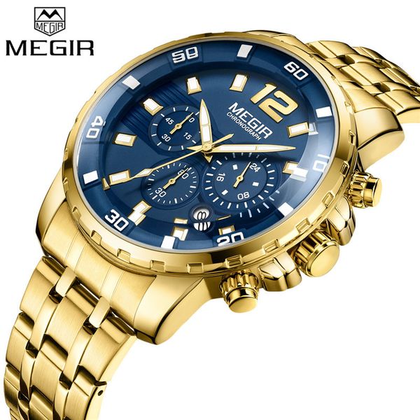 

megir men watch chronograph calendar wristwatch sport full steel new male clock relogio masculino 2068, Slivery;brown