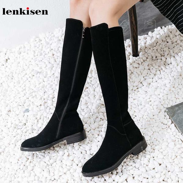 

lenkisen classic genuine leather motorcycles boots side zipper round toe med heels winter keep warm women thigh high boots l18, Black