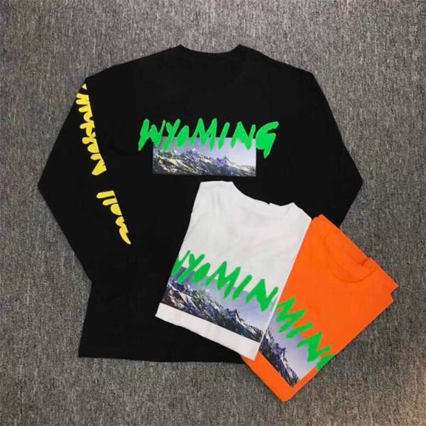 

2018 hip hop i feel like pablo kanye west wyoming t shirt men women orange white black long sleeve wyoming mountains