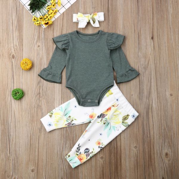 

0-18m 3pcs infant baby girl clothes flared sleeve +floral leggings pants outfit, Pink;blue