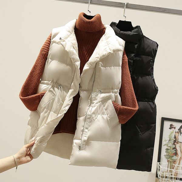 

in the winter of 2019, the new cotton vest korean version of mid-length waist thickening vest warm cotton sleeveless jacket, Black;white