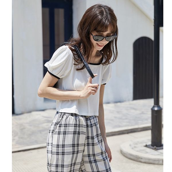 

short-sleeved t-shirt women's coat t-shirt summer ins fashionable slim square collar short collarbone bubble sleeve top, White
