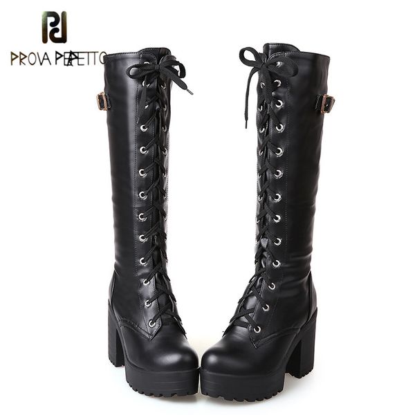 

prova perfetto spring autumn lacing knee high boots women fashion white square heel woman leather shoes winter large, Black