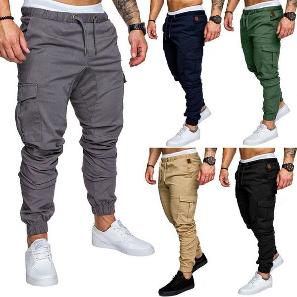 

pants new men multi-pocket pants elastic waist sweatpants business trousers male hip hop men's casual solid streetwear joggers, Black
