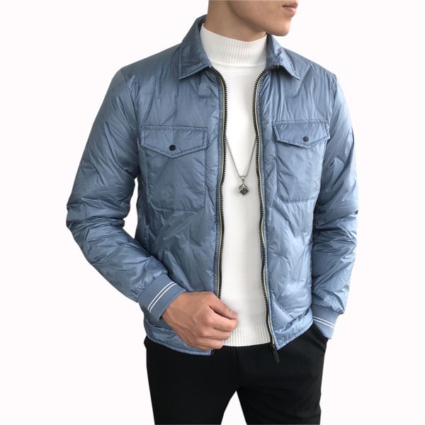 

2019 autumn and winter men's new short paragraph light down jacket simple tooling lapels embossed warm down jacket, Black