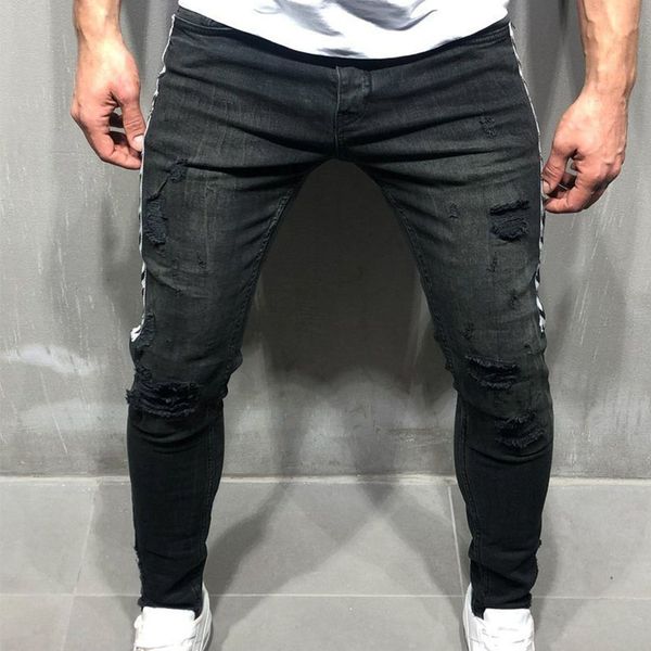 

2019 new men jeans broken ribbon ribbon fashion feet men black jeans hip hop high-end quality slim denimpants, Blue