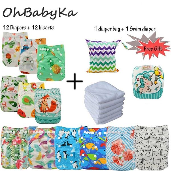 

reusable nappies baby pocket cloth diapers washable ohbabyka diaper cover 12pcs+12pcs microfiber inserts+1diaper bag