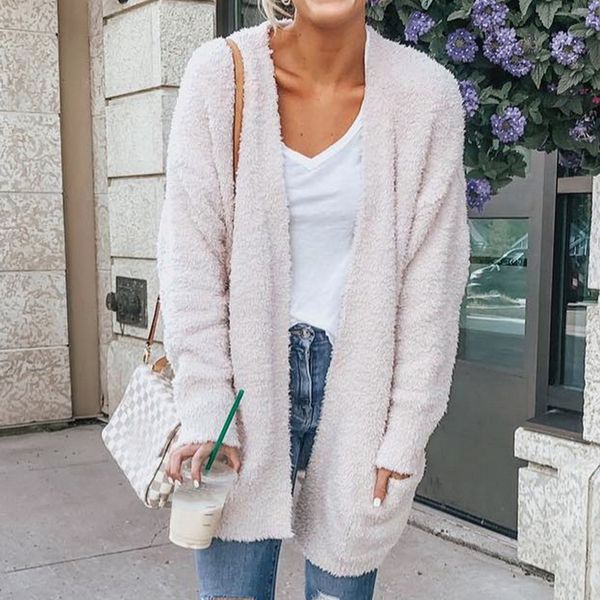 

2018 women autumn long cardigan sweater warm long sleeve solid loose fleece cardigan coats pocket stylish sweater new, White
